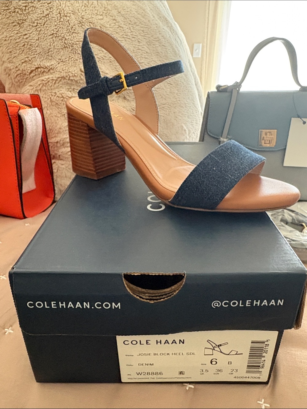 Cole Haan Navy Block Heel Sandal with Brown Wood-Look Heel